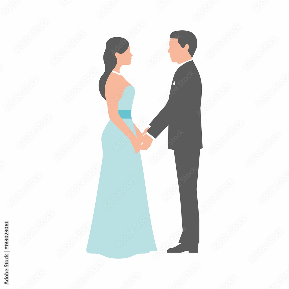 Bride and groom holding hands on white background Bride and groom holding hands on white background