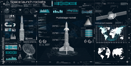Space launch rockets, instrument panel, radars, space dish, 3d spaceship, space satellite in the HUD style, Elements pack of the  Sky-fi HUD. panels Futuristic User Interface. Ui technology elements