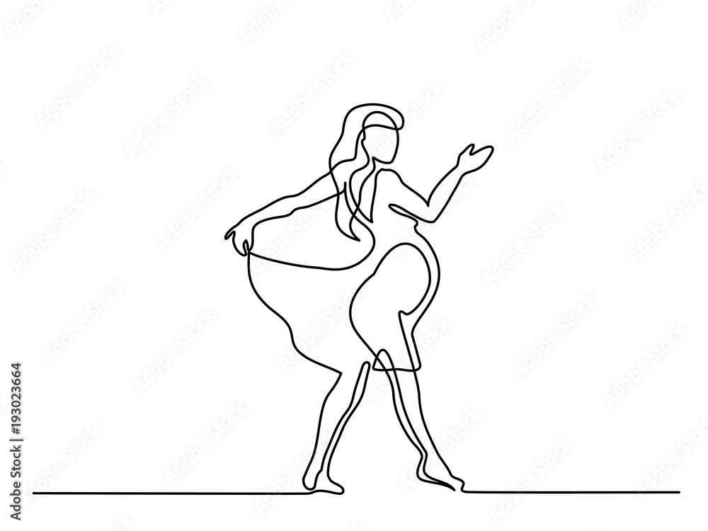 Continuous line drawing. Happy pregnant woman dancing silhouette picture. Vector illustration