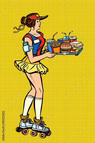 retro fast food waitress on roller skates