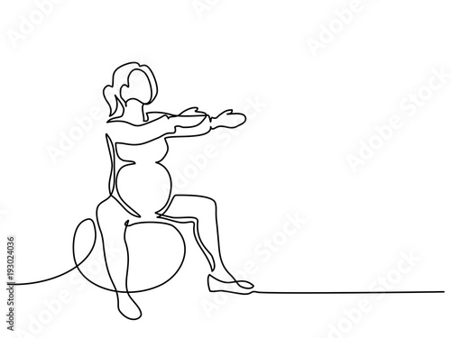 Continuous line drawing. Happy pregnant woman exercising on fitball, silhouette picture. Vector illustration