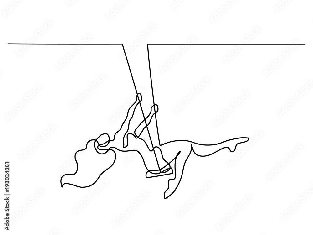 Continuous line drawing. Girl swinging on swing. Vector illustration Continuous line drawing. Girl swinging on swing. Vector illustration