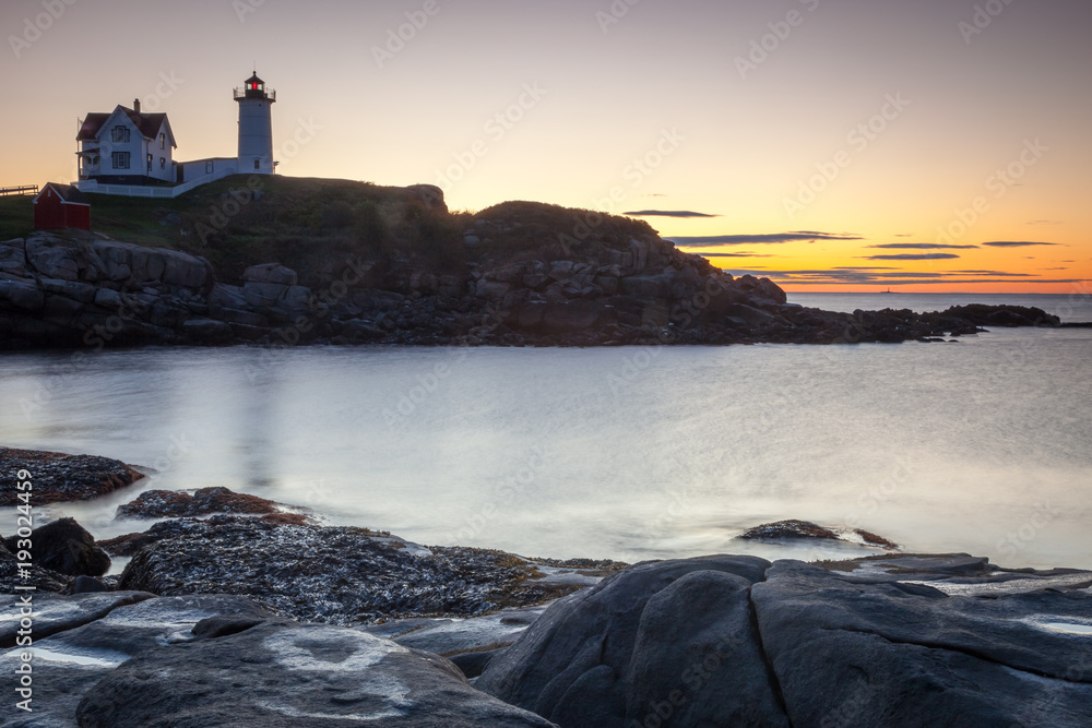 Nubble Lighthouse at sunrise, Cape Neddick, Maine, USA