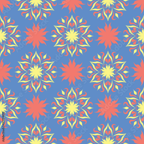 Wallpaper Mural Floral seamless pattern. Red and yellow flower elements on blue background Torontodigital.ca
