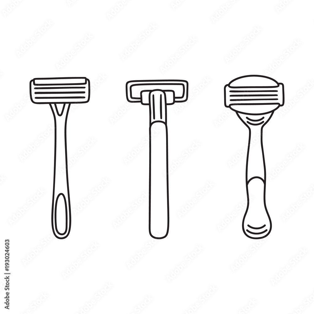 Set of three disposable shaving razors, line art Set of three disposable shaving razors, line art
