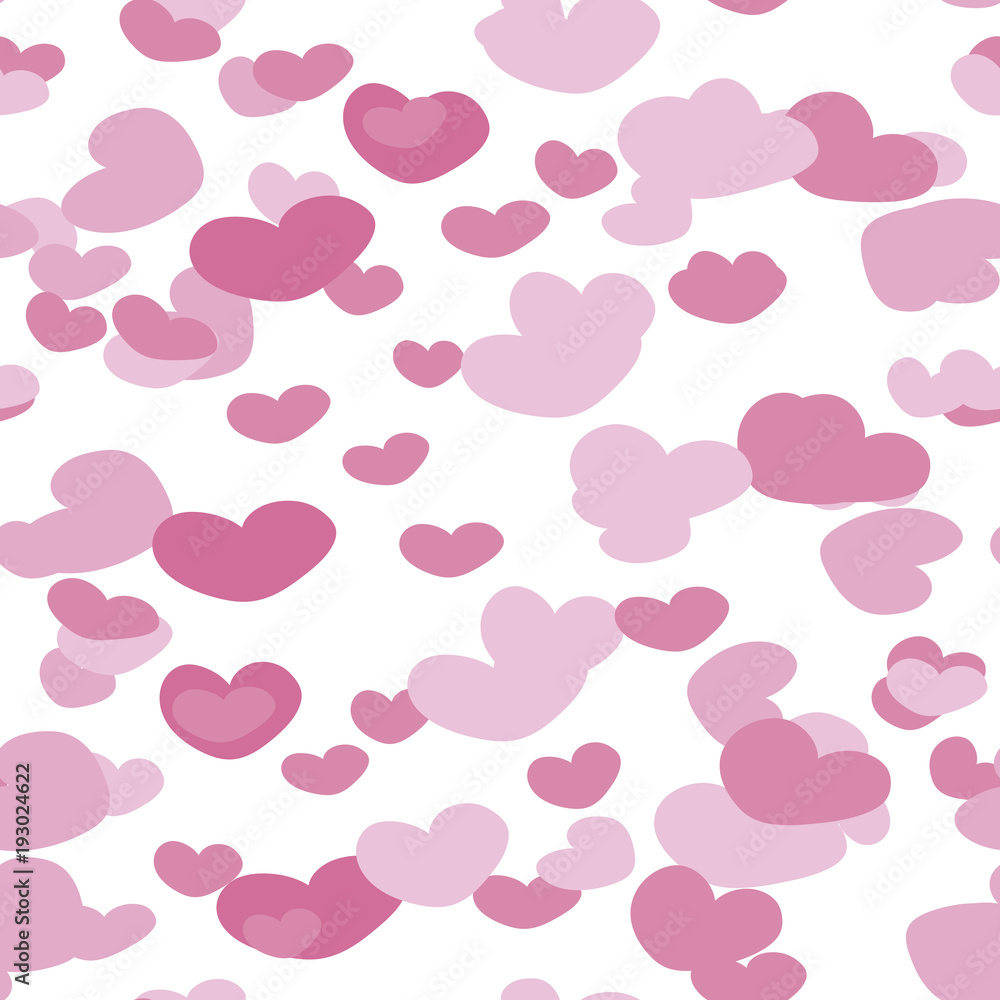 Hearts of different shades of pink on a white background pattern