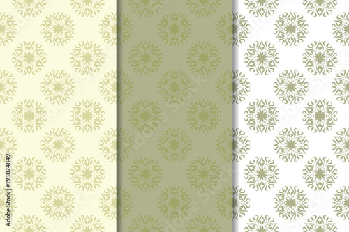Olive green floral seamless ornaments. Set of vertical patterns