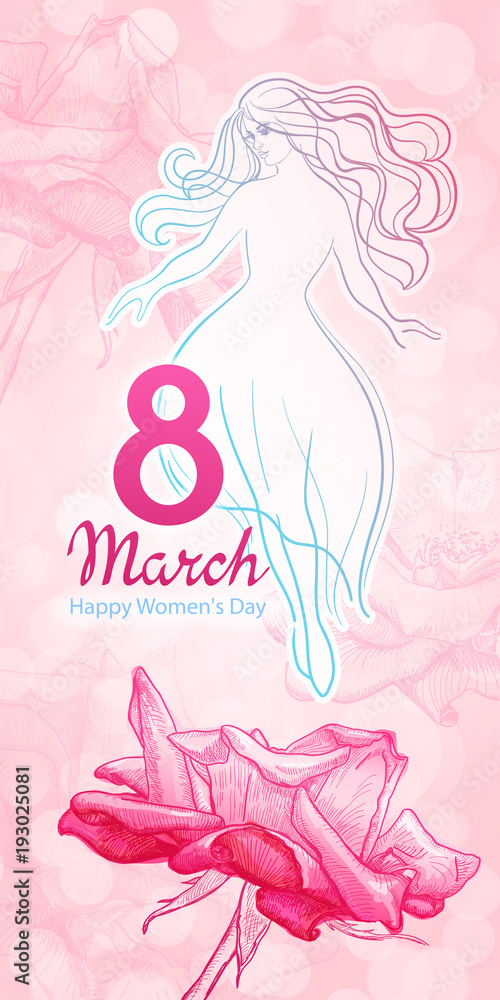 International Womens Day 8 March. Beautiful woman on a floral spring background with hand drawn pink roses. Template for greeting cards, calendars, banners, posters, invitations, sale announcement