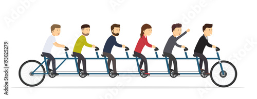 Business people riding on a five-seat bicycle. Team joint concept of success.