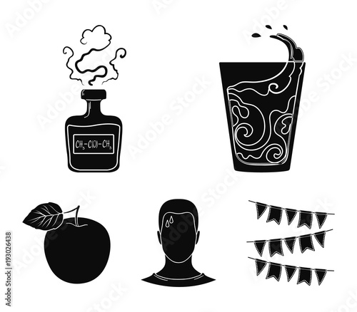 A glass of water, a bottle of alcohol, a sweating man, an apple. Diabeth set collection icons in black style vector symbol stock illustration web.