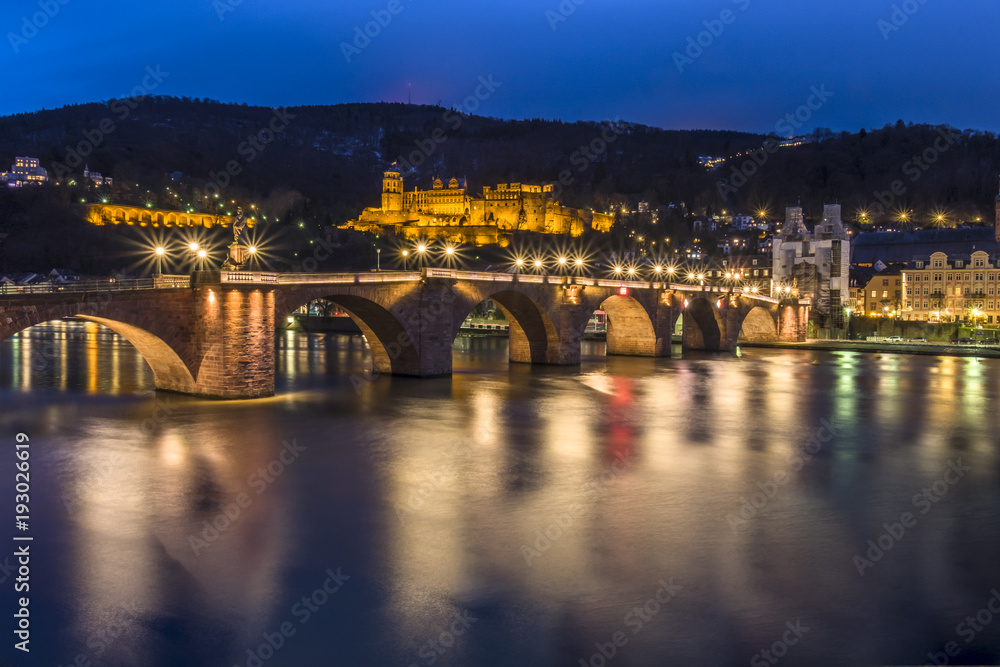 The skyline of Heidelberg in Germany at night