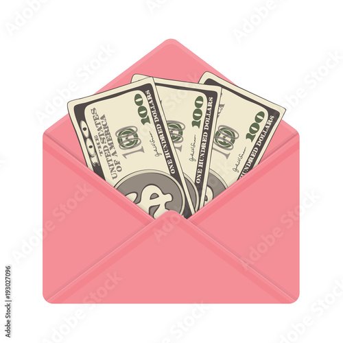 One hundred dollar banknotes in open pink envelope. 