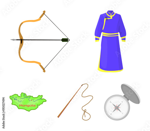 .mongol dressing gown, battle bow, theria on the map, Urga, Khlyst. Mongolia set collection icons in cartoon style vector symbol stock illustration web.