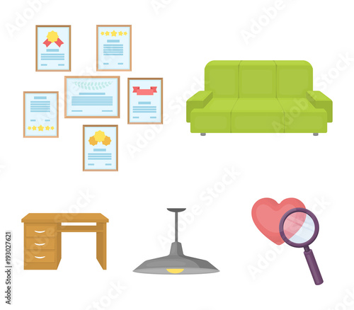 Comfortable sofa, letters and diplomas within the framework, an office ceiling lamp, a desk with drawers. Office Furniture set collection icons in cartoon style vector symbol stock illustration web.