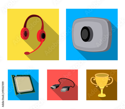 Webcam, headphones, USB cable, processor. Personal computer set collection icons in flat style vector symbol stock illustration web.