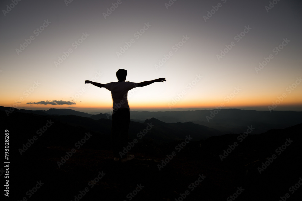 Silhouette boy Concept Show of hands up. Demonstrate success and victory Silhouette boy Concept Show of hands up. Demonstrate success and victory