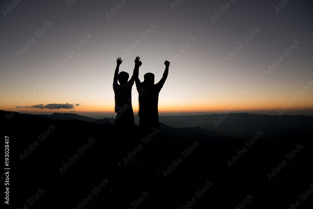 Silhouette boy Concept Show of hands up. Demonstrate success and victory