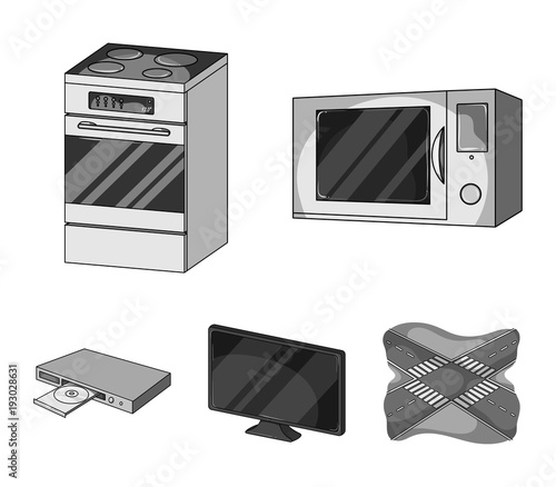 Home appliances and equipment monochrome icons in set collection for design.Modern household appliances vector symbol stock web illustration.