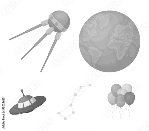 Planet Earth with continents and oceans, flying satellite, Ursa Major, UFO. Space set collection icons in monochrome style vector symbol stock illustration web.