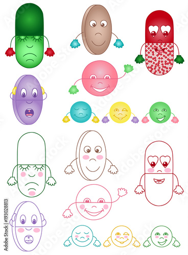 Set of funny Pills smiles emoji vector illustration