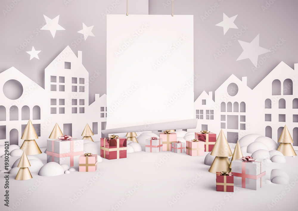 White christmas mock up background with empty white space for promo, ads or banner. A lot of pink gift boxes, golden stars, houses in paper craft style. 3D render illustration in dreamy style.