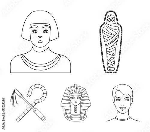 Crook and flail,a golden mask, an egyptian, a mummy in a tomb.Ancient Egypt set collection icons in outline style vector symbol stock illustration web.