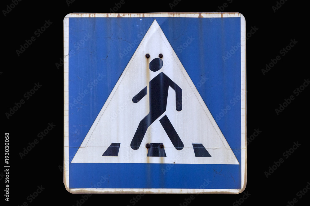 Old road sign 'Pedestrian crossing' isolated on black. Old road sign 'Pedestrian crossing' isolated on black.