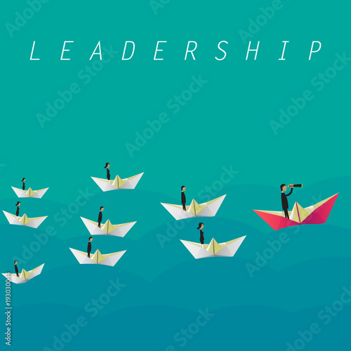 Businessman with monocular on paper boat as a symbol of business leadership. Vector illustration.