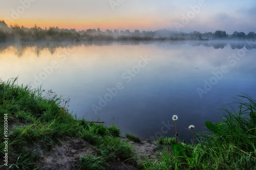 spring morning. dawn near a picturesque river