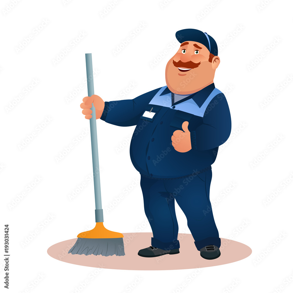 Funny cartoon janitor with mop and ok gesture. Smiling fat character in  blue suit with broom. Happy flat cleaner in uniform from janitorial service  or office cleaning. Colorful vector illustration. Stock Vector