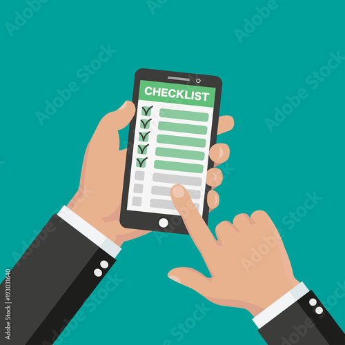 Hand holding the phone with finger pointing at checklist on it. Flat style - stock vector