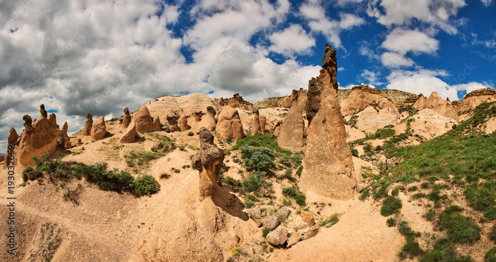 Unique rock formations in Goreme National Park in Cappadocia, popular travel destination in Turkey