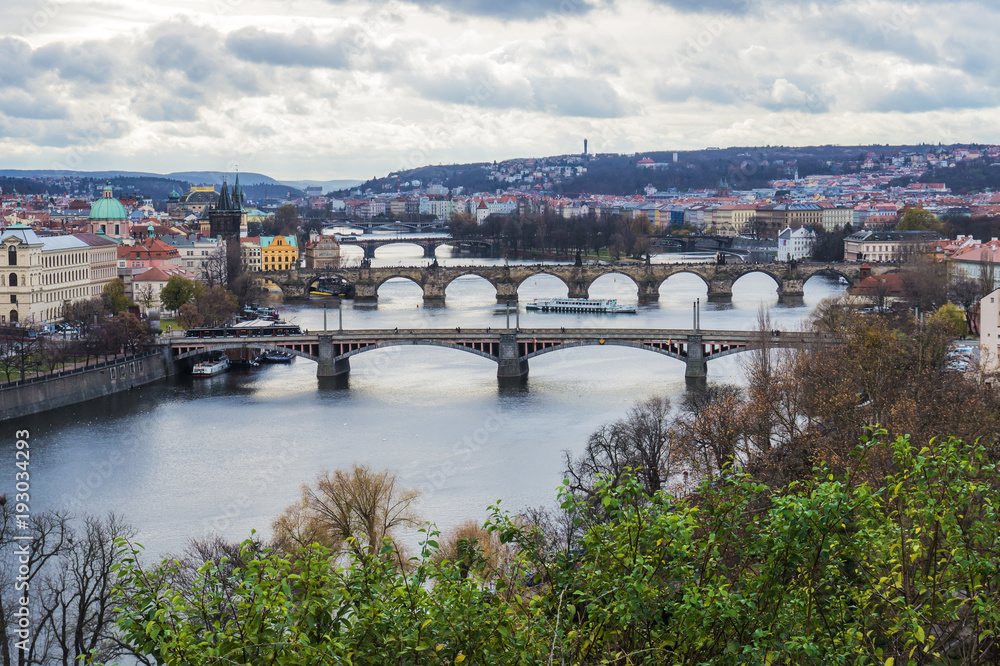 View of river Vltava and bridges in Prague from the Letna park. Czech Republic.