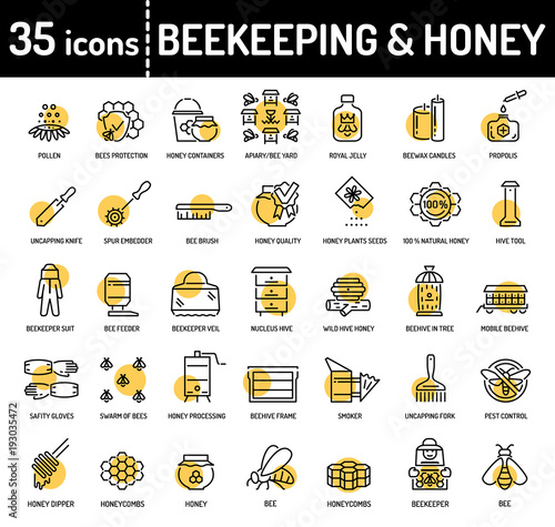 Honey beekeeping and apiculture line icons.