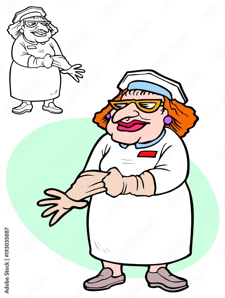Scary nurse putting on rubber gloves. Comes with bonus black outline version Scary nurse putting on rubber gloves. Comes with bonus black outline version