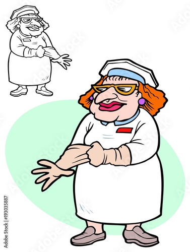 Scary nurse putting on rubber gloves. Comes with bonus black outline version
