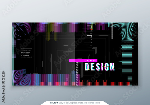 Trendy glitch cover design template for sqaure brochure. Modern glitch vector illustration.