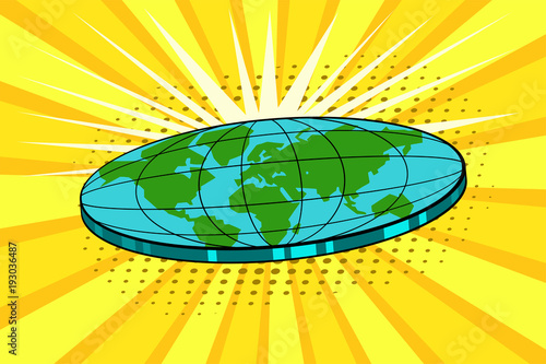 Flat earth with nature landscape. Globe in form of disk. Cosmology and pseudoscience, old science and flat-earthers, conspiracy theme. Vector bright background in pop art retro comic style