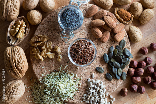 Nuts and seeds - walnuts, almonds, flax seeds, hazelnuts, hemp, pumpkin, sunflower
