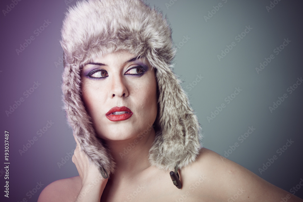 Luxury, beautiful woman with fur hat, winter concept Luxury, beautiful woman with fur hat, winter concept