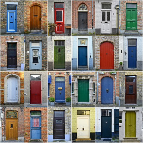 Collage of colorful doors in Bruges, Belgium