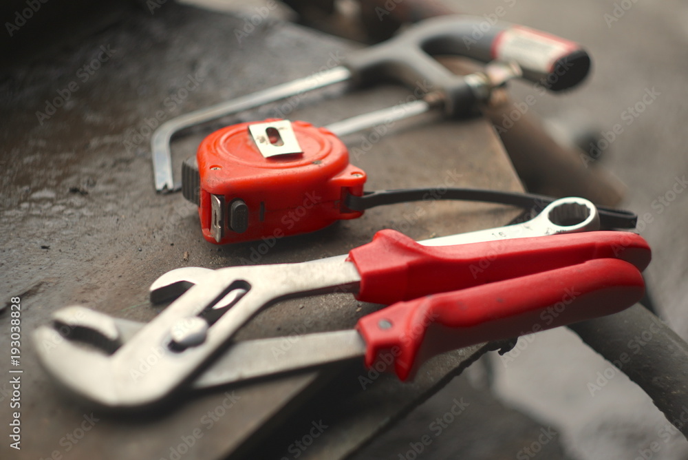 Tools on table in workshop Tools on table in workshop