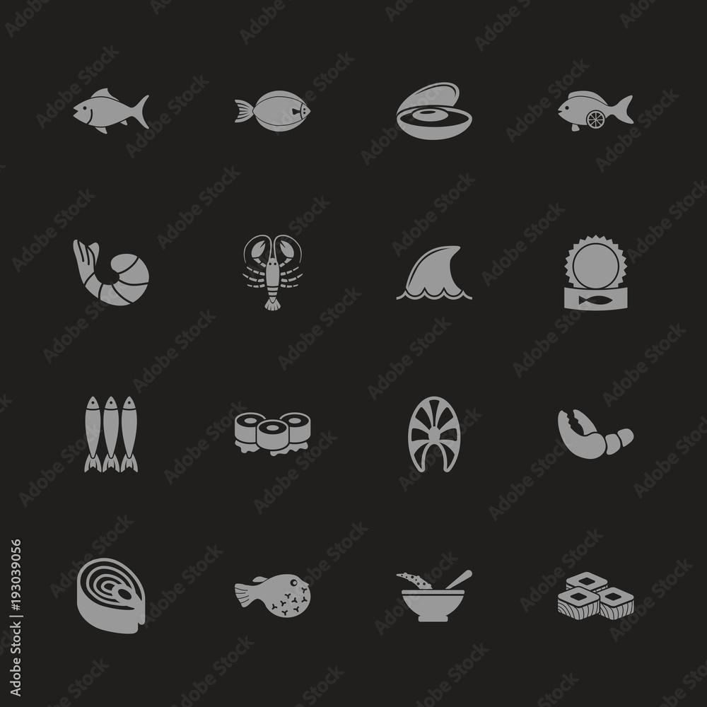 Sea Food icons - Gray symbol on black background. Simple illustration. Flat Vector Icon.