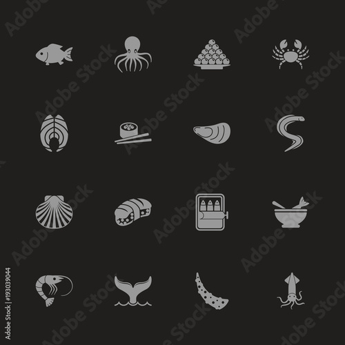 Sea Food icons - Gray symbol on black background. Simple illustration. Flat Vector Icon.