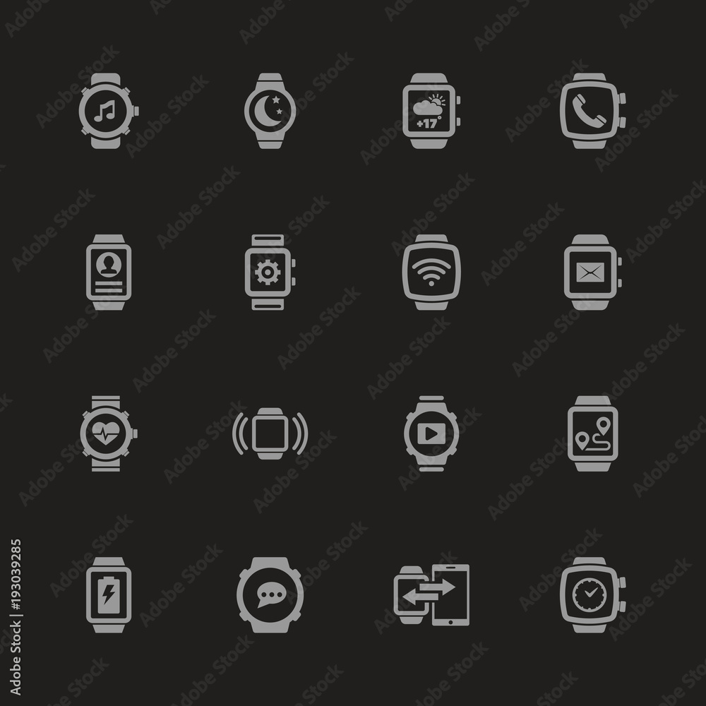 Smart Watch icons - Gray symbol on black background. Simple illustration. Flat Vector Icon.