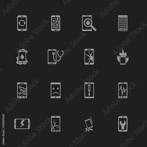 Smartphone Repair icons - Gray symbol on black background. Simple illustration. Flat Vector Icon.