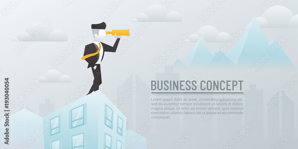 Business concept looking Successful, businessman standing on on building with telescope, vector illustration Business concept looking Successful, businessman standing on on building with telescope, vector illustration