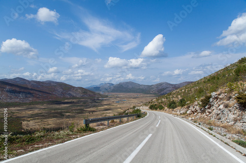 View of the road in the valley between the mountains. Montenegro. 
