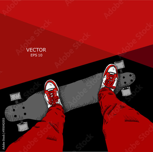 Skateboarder on a skateboard. Grunge background with blots. Vector illustration