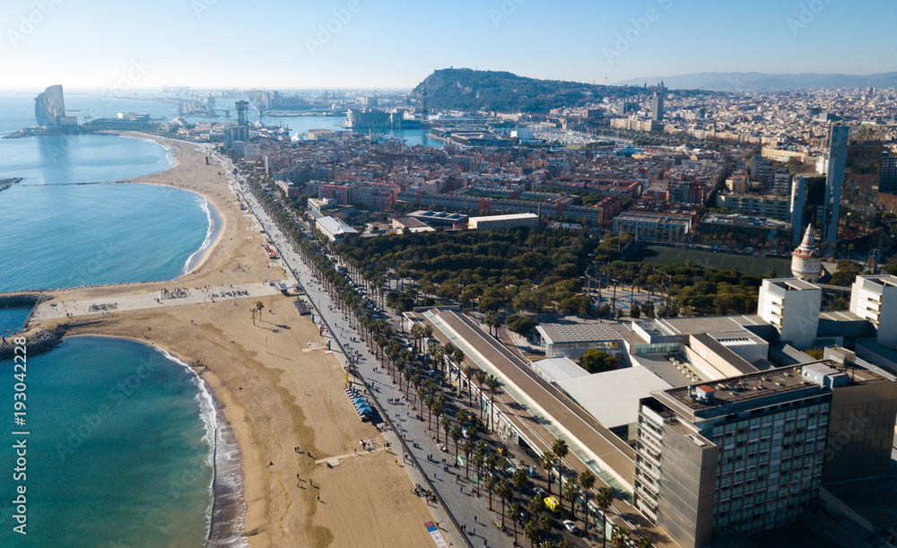 Aerial  view of Barceloneta Beach in summer day